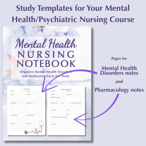 May include: A notebook titled "Mental Health Nursing Notebook" with study templates for a mental health/psychiatric nursing course. The notebook includes pages for mental health disorders notes and pharmacology notes. The cover has a floral design.