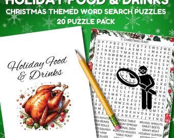 May include: A Christmas-themed word search puzzle pack with 20 puzzles. The cover features the text "Holiday Food & Drinks" and a roasted turkey illustration. A pencil points to a puzzle with a magnifying glass icon.