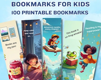 May include: A collection of printable bookmarks for kids, featuring colorful illustrations and text. The bookmarks include phrases like "Books are my jam!", "Keep calm and read on.", and "Reading is my superpower!" The image also includes the text "PRINTABLE CUTE AND FUN BOOKMARKS FOR KIDS" and "100 PRINTABLE BOOKMARKS."