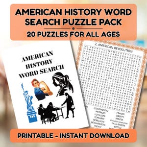 Könnte beinhalten: Ein Paket mit Suchrätseln zur amerikanischen Geschichte. Das Cover zeigt Illustrationen von Rosie the Riveter, einem indianischen Profil, der Freiheitsstatue und historischen Figuren. Das Paket enthält 20 Rätsel für alle Altersgruppen, mit sofortigem Download zum Ausdrucken.