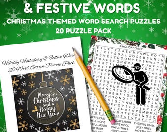 May include: A Christmas-themed word search puzzle pack with 20 puzzles. The cover features a black ornament with gold snowflakes and the text "Merry Christmas and a Happy New Year." A pencil rests on the pages.