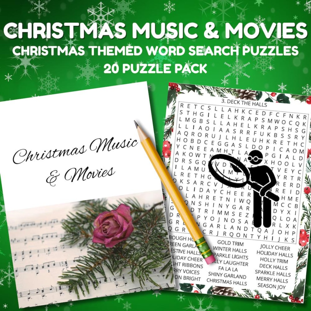Christmas Music & Movies Word Search Puzzles, Holiday Games (PDF)