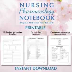 May include: A printable nursing pharmacology notebook with pages for medication information, general drug categories, and common measurements. The notebook is designed to help organize medication facts for study. The words "Nursing Pharmacology Notebook" are at the top.