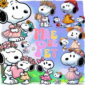 May include: A digital illustration featuring Snoopy characters in various outfits and poses. The image includes the text "Mãe de Pet" in pink and yellow, with a hashtag symbol. The background is a soft blue and white.