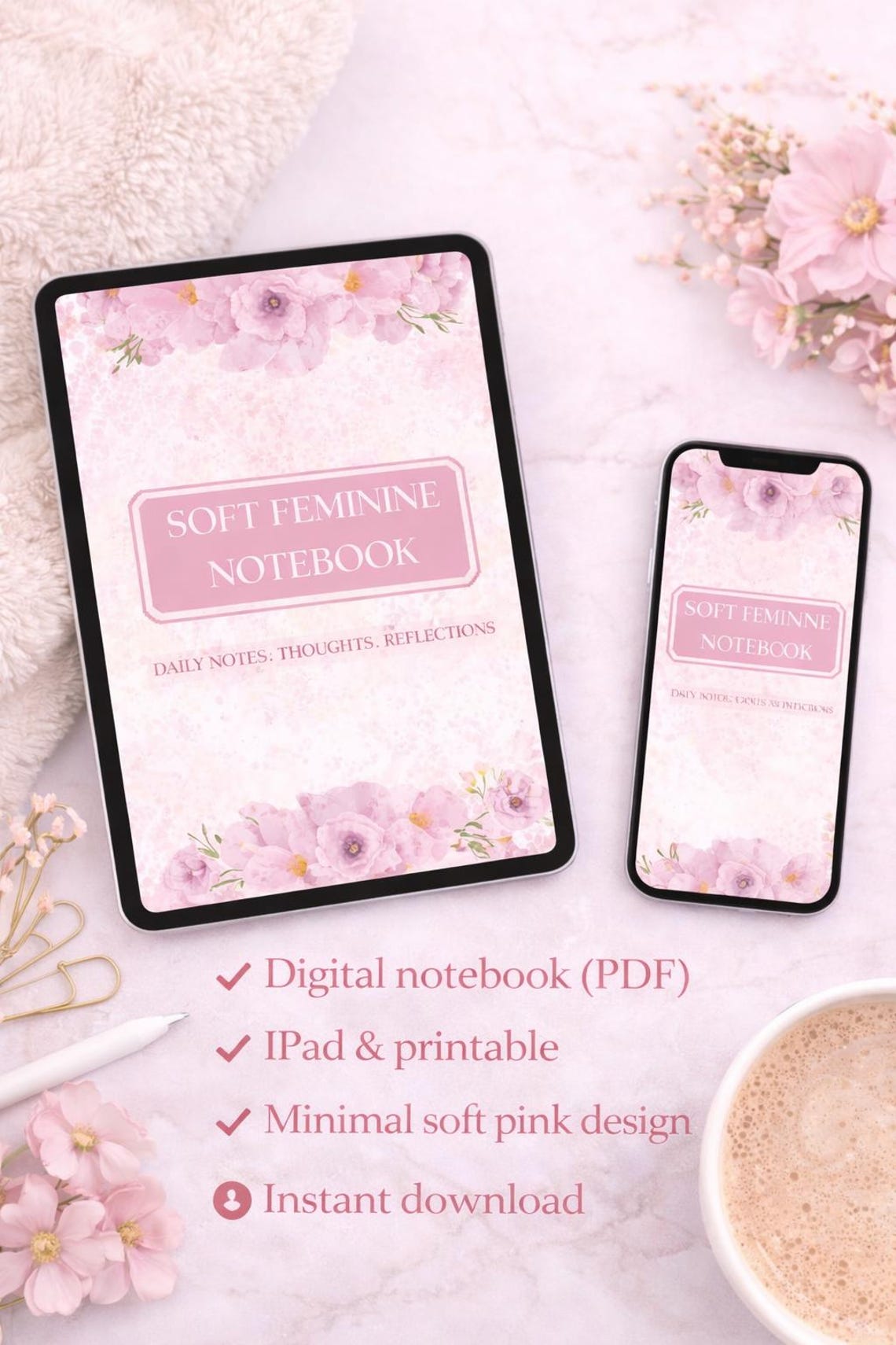Feminine Digital Notebook | Soft Pink Journal PDF | iPad Goodnotes ...