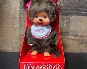 Vintage 1974 Monchhichi Sekiguchi Pink Bib Blue Eyes Pink Bow Girl
