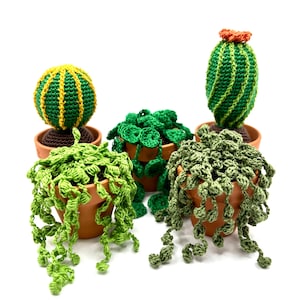 May include: A collection of handmade crochet plants, including cacti and trailing succulents, in small terracotta pots. The cacti are green and yellow, and the succulents are various shades of green. The plants are arranged against a white background.