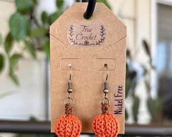 Micro Crochet Pumpkin Dangle Earrings: Halloween Accessory, Thanksgiving