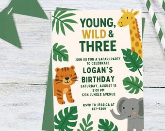 Uitnodiging Young Wild en Three | Bewerkbare canvassjabloon | 3e verjaardagsfeestje | Afdrukbaar junglethema | Direct downloaden