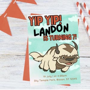 May include: A birthday invitation featuring the text "YIP YIP! LANDON IS TURNING 7!" and a cartoon bison illustration. The invitation is light blue with white clouds and includes the date, time, and location details.