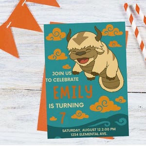 May include: A teal birthday invitation with a cartoon bison-like character. The invitation reads "JOIN US TO CELEBRATE EMILY IS TURNING 7". Orange clouds and the party date and time are also included.