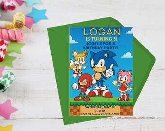 May include: A blue invitation card with the text "LOGAN IS TURNING 5! JOIN US FOR A BIRTHDAY PARTY!" features cartoon characters Sonic, Tails, Knuckles, and Amy Rose. The card is inside a green envelope. The date and time are also included.
