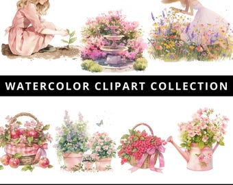 Watercolor Gardening Clipart: Spring Garden PNG Images (Digital Download)