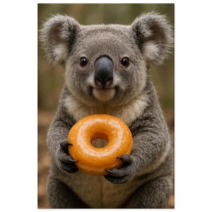 Giorno 4 – “Qualcosa di cui non sapevo di aver bisogno” – Koala con ciambella – Stampa dei sogni AI – Poster artistico di un simpatico animale