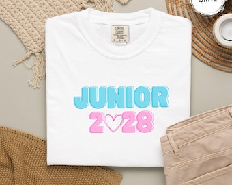 Junior 2028 T-Shirt | Retro Bubble Letters, Pastel Blue & Pink