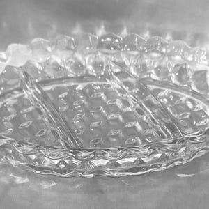 Vintage FOSTORIA American Clear Glass Oval 3-Part Relish Dish Cubist Scallop 9.5”