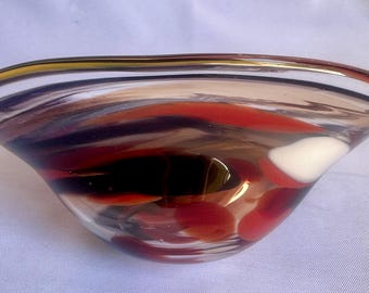 Vintage MDINA GLASS Art Glass Bowl Signed Malta Freeform Abstract Swirl
