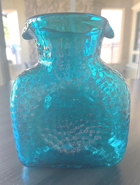 Hammered Glass Pitcher – Teal Aqua - Blenko Style/Pier One Style Reproduction Art Glass - 8"