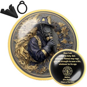 May include: A detailed coin featuring a firefighter in a gas mask, surrounded by gold and floral accents. The coin includes the text "When I am called to duty..." and a fire department emblem. Additional black accessories are included.