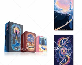 May include: A tarot card deck set featuring a dark blue box with a cat illustration, a red metal tin, and a small pink box. Two individual tarot cards are displayed: one titled 0-THE FOOL showing a lighthouse at sunset, and another with a cosmic design.