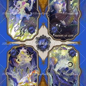 May include: Four tarot card illustrations with ornate frames, featuring figures in shades of blue, gold, and purple. Each card has a title: Page of Cups, Knight of Cups, Queen of Cups, and King of Cups. The background is a blue diamond pattern.