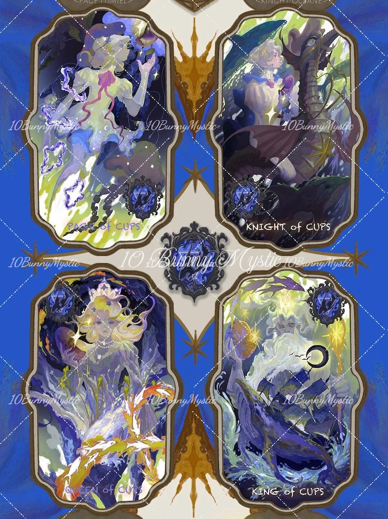 May include: Four tarot card illustrations with ornate frames, featuring figures in shades of blue, gold, and purple. Each card has a title: Page of Cups, Knight of Cups, Queen of Cups, and King of Cups. The background is a blue diamond pattern.