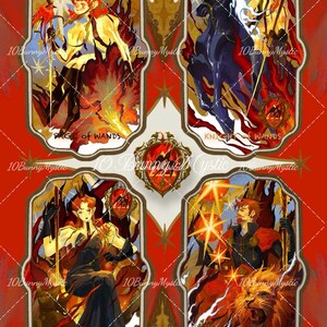 May include: A set of four tarot cards featuring illustrations of figures with fiery elements. The cards are labeled "Page of Wands", "Knight of Wands", "Queen of Wands", and "King of Wands". The artwork has a red, gold, and cream color scheme.