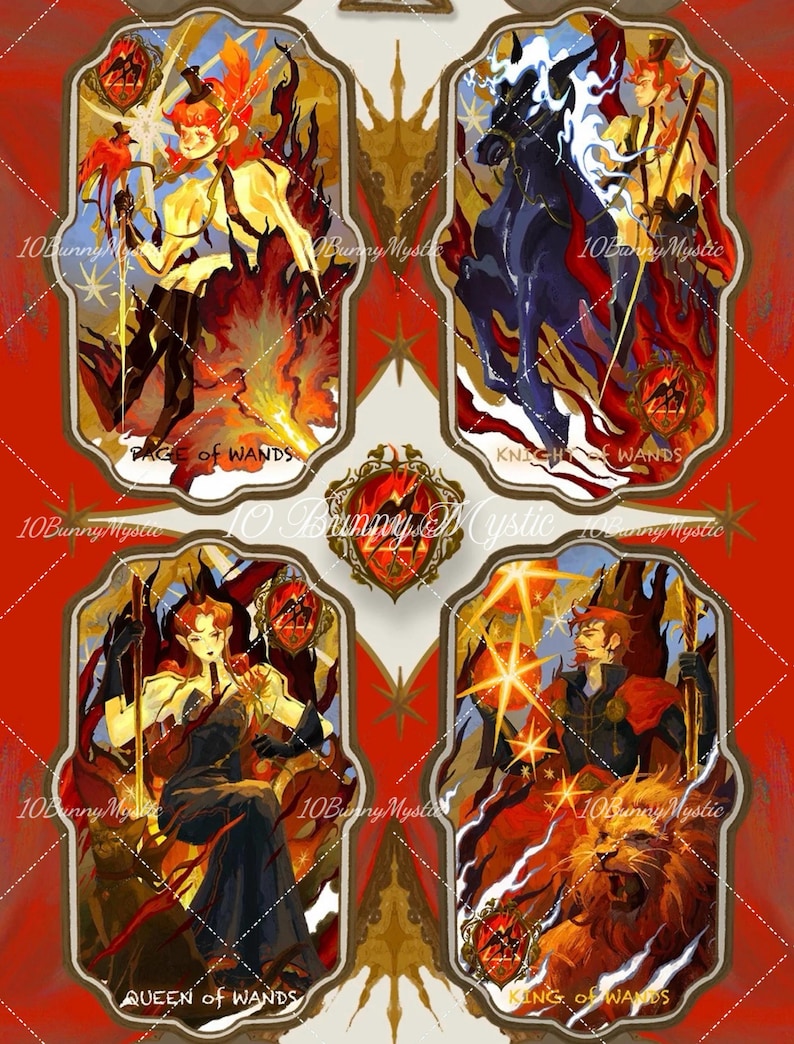 May include: A set of four tarot cards featuring illustrations of figures with fiery elements. The cards are labeled "Page of Wands", "Knight of Wands", "Queen of Wands", and "King of Wands". The artwork has a red, gold, and cream color scheme.