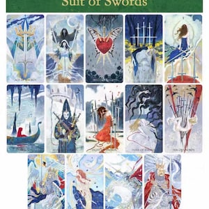 May include: A set of tarot cards featuring the "Suit of Swords." Each card has unique artwork with swords, figures, and symbolic imagery. The cards are in a vertical layout, with the title "Suit of Swords" at the top.
