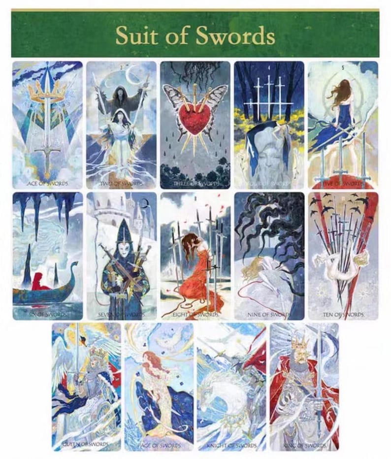May include: A set of tarot cards featuring the "Suit of Swords." Each card has unique artwork with swords, figures, and symbolic imagery. The cards are in a vertical layout, with the title "Suit of Swords" at the top.