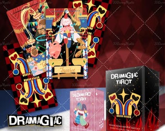 May include: A tarot card deck and individual cards are displayed. The cards feature colorful illustrations with a jester theme, including a card labeled "Justice." The deck box is black with the words "Dramagic Tarot."