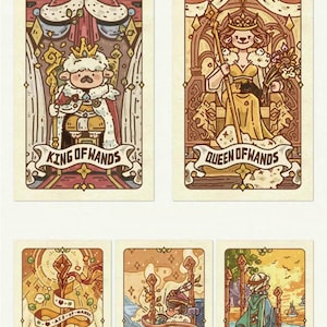 May include: Set of five tarot cards featuring whimsical illustrations. The cards include the King, Queen, Ace, Two, and Three of Wands. Each card has a unique design with detailed artwork and text. The cards are in a vertical orientation.