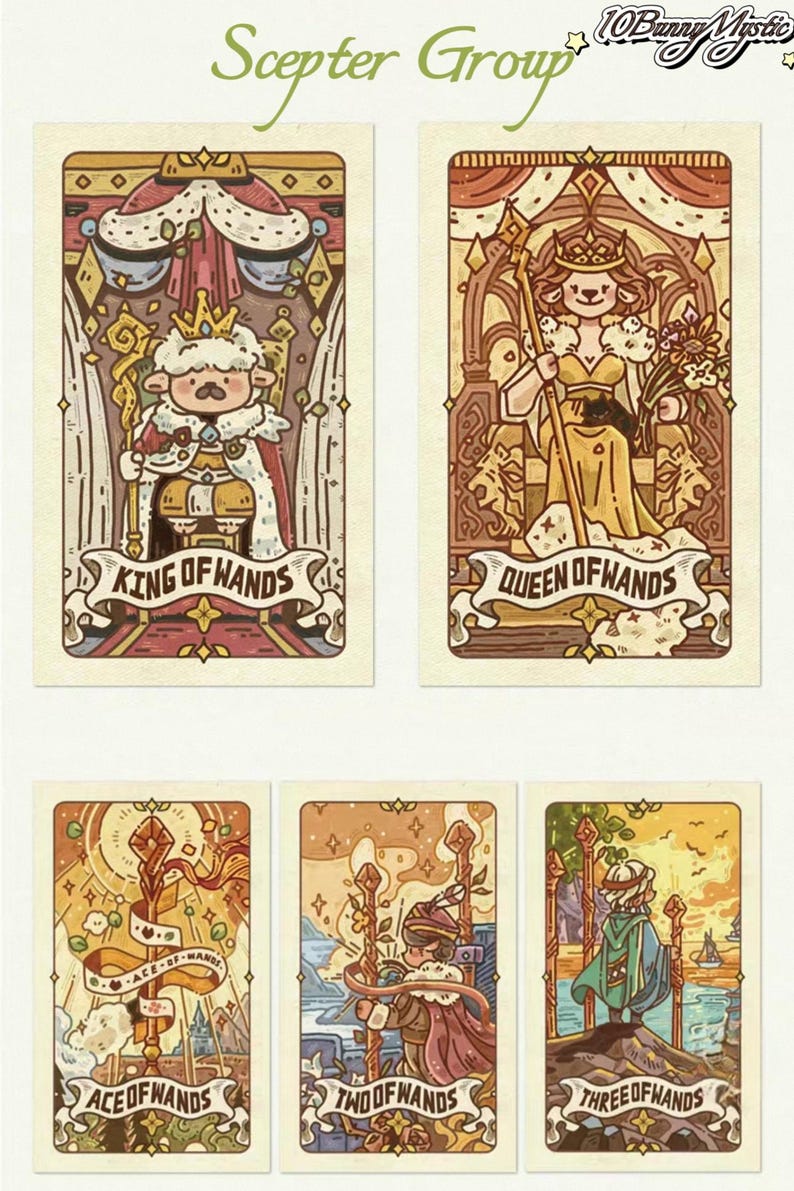 May include: Set of five tarot cards featuring whimsical illustrations. The cards include the King, Queen, Ace, Two, and Three of Wands. Each card has a unique design with detailed artwork and text. The cards are in a vertical orientation.