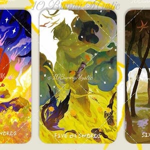 May include: Three tarot cards with illustrations. The first card, "Four of Swords," features a keyhole shape with a bird and a key. The second card, "Five of Swords," shows figures in a yellow and green scene. The third card, "Six of Swords," depicts a white horse in a forest.