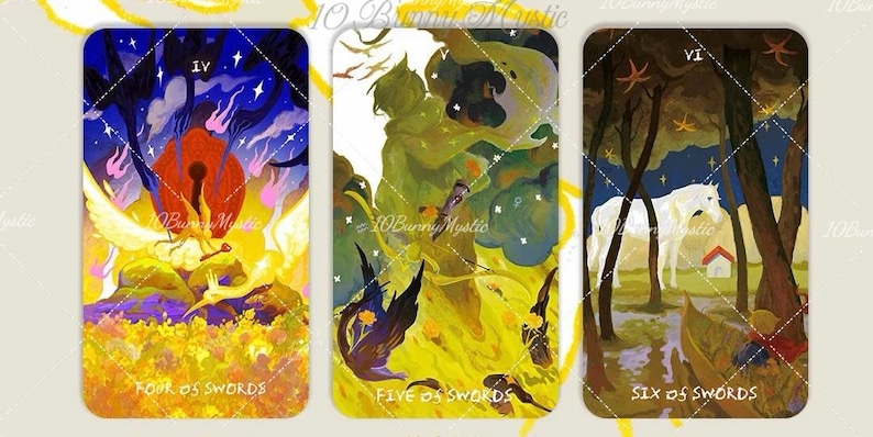 May include: Three tarot cards with illustrations. The first card, "Four of Swords," features a keyhole shape with a bird and a key. The second card, "Five of Swords," shows figures in a yellow and green scene. The third card, "Six of Swords," depicts a white horse in a forest.