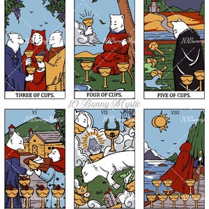 May include: A collection of six tarot cards featuring white fox-like characters in various scenes. The cards are labelled Three of Cups, Four of Cups, Five of Cups, Six of Cups, Seven of Cups, and Eight of Cups, each depicting cups and thematic imagery.