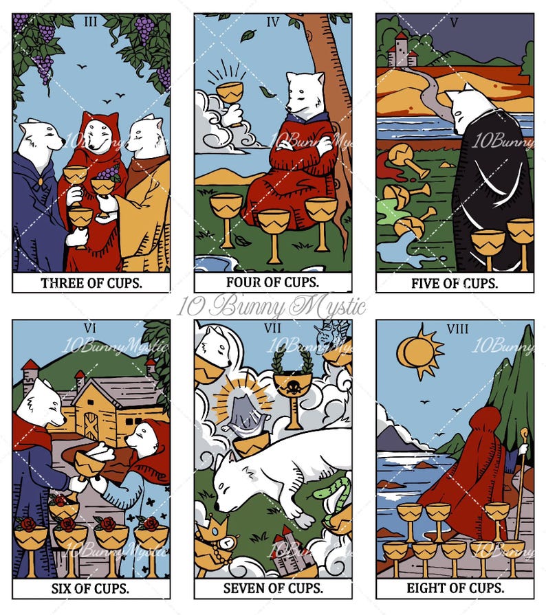 May include: A collection of six tarot cards featuring white fox-like characters in various scenes. The cards are labelled Three of Cups, Four of Cups, Five of Cups, Six of Cups, Seven of Cups, and Eight of Cups, each depicting cups and thematic imagery.