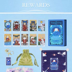 May include: A tarot card deck titled The Tranquil Dog, featuring a blue box, ten illustrated cards, a green velvet drawstring pouch, a metal keychain with a miniature card, a dark blue cloth with white pom-poms, and a pile of assorted colourful stones.