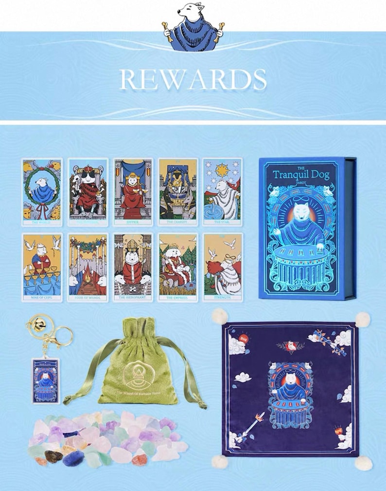 May include: A tarot card deck titled The Tranquil Dog, featuring a blue box, ten illustrated cards, a green velvet drawstring pouch, a metal keychain with a miniature card, a dark blue cloth with white pom-poms, and a pile of assorted colourful stones.
