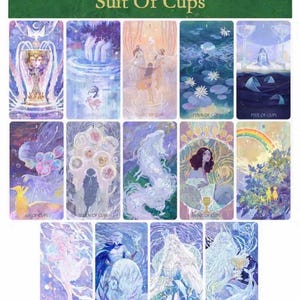 May include: A set of tarot cards featuring watercolor illustrations in shades of blue, purple, and gold. The cards are labeled with titles such as "Ace of Cups," "Three of Cups," and "Nine of Cups." The overall theme is mystical and artistic.