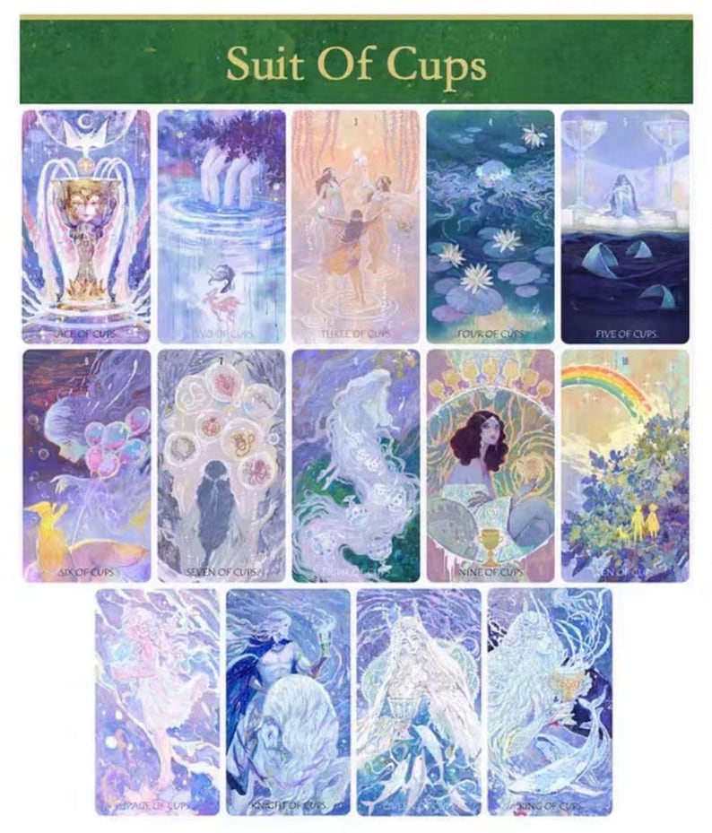 May include: A set of tarot cards featuring watercolor illustrations in shades of blue, purple, and gold. The cards are labeled with titles such as "Ace of Cups," "Three of Cups," and "Nine of Cups." The overall theme is mystical and artistic.