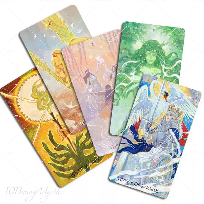 May include: A collection of tarot cards with colorful illustrations. The cards feature images of figures, nature scenes, and text, including "Queen of Swords" and "Ace of Wands". The color palette includes shades of yellow, green, blue, and purple.
