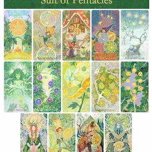 May include: A collection of tarot cards featuring the Suit of Pentacles. Each card displays colorful illustrations with themes of nature, figures, and geometric shapes. The cards are predominantly green, yellow, and blue, with titles such as "Ace of Pentacles" and "Two of Pentacles".