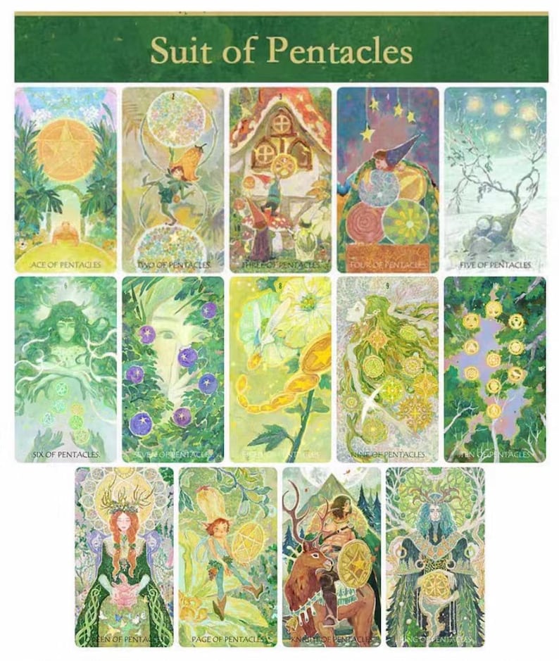 May include: A collection of tarot cards featuring the Suit of Pentacles. Each card displays colorful illustrations with themes of nature, figures, and geometric shapes. The cards are predominantly green, yellow, and blue, with titles such as "Ace of Pentacles" and "Two of Pentacles".