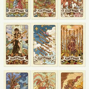 May include: Nine illustrated tarot cards featuring whimsical artwork. Each card has a unique scene with figures and symbols, including the Four of Wands, Five of Wands, and Six of Wands. The cards have a vintage aesthetic with decorative borders and text.