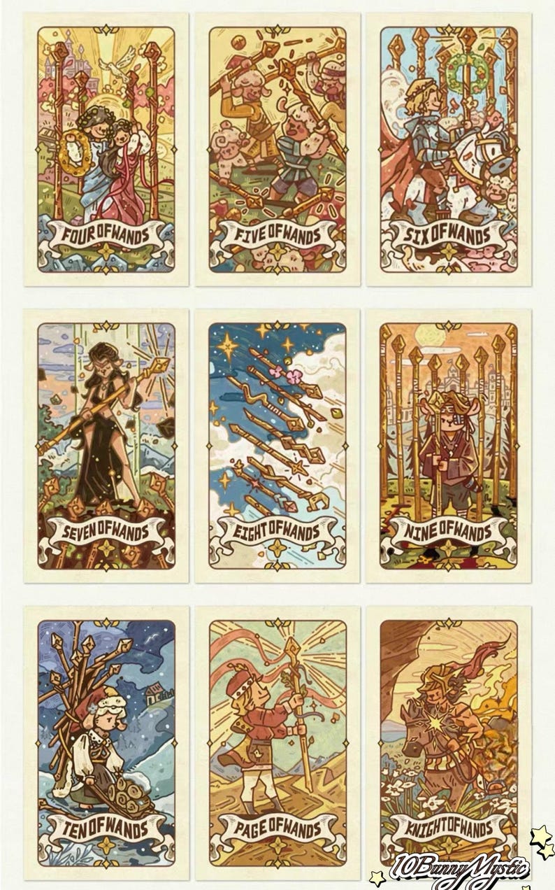 May include: Nine illustrated tarot cards featuring whimsical artwork. Each card has a unique scene with figures and symbols, including the Four of Wands, Five of Wands, and Six of Wands. The cards have a vintage aesthetic with decorative borders and text.