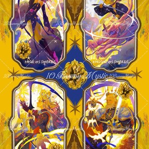 May include: A set of four tarot cards with illustrations in a vibrant yellow, blue, and gold color scheme. Each card features a figure with a sword, with titles including "Page of Swords," "Knight of Swords," "Queen of Swords," and "King of Swords."