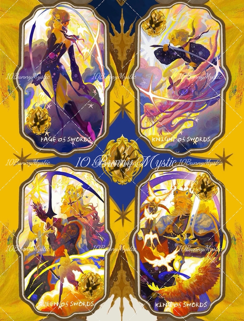 May include: A set of four tarot cards with illustrations in a vibrant yellow, blue, and gold color scheme. Each card features a figure with a sword, with titles including "Page of Swords," "Knight of Swords," "Queen of Swords," and "King of Swords."