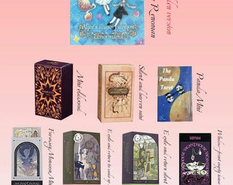Pode incluir: Uma coleção de baralhos de cartas de tarô em vários tamanhos e designs. Os baralhos apresentam ilustrações com temas como Alice no País das Maravilhas, pandas e signos do zodíaco. A paleta de cores inclui azuis, roxos e dourados.