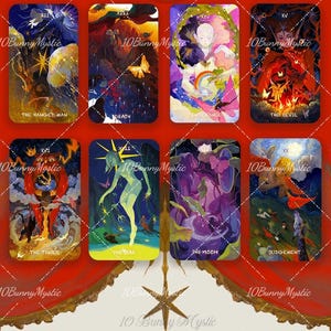 May include: A collection of eight tarot cards with colorful illustrations. Each card features unique artwork and titles like "The Hanged Man," "Death," and "The Devil." The artist's name, "10BunnyMystic," is visible on each card.